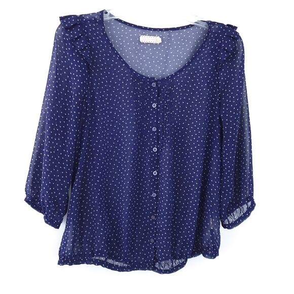 Pins and Needles Top Small Navy Blue Triangle Brown Print, Semi Sheer, Ruffle - Picture 2 of 6